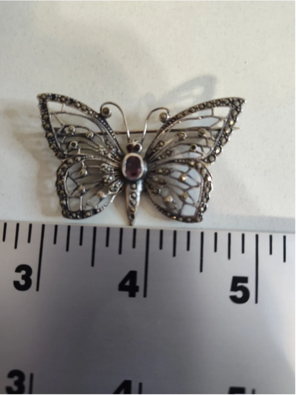 Women's Vintage Sterling Silver Butterfly Brooch with Marcasite and Amethyst